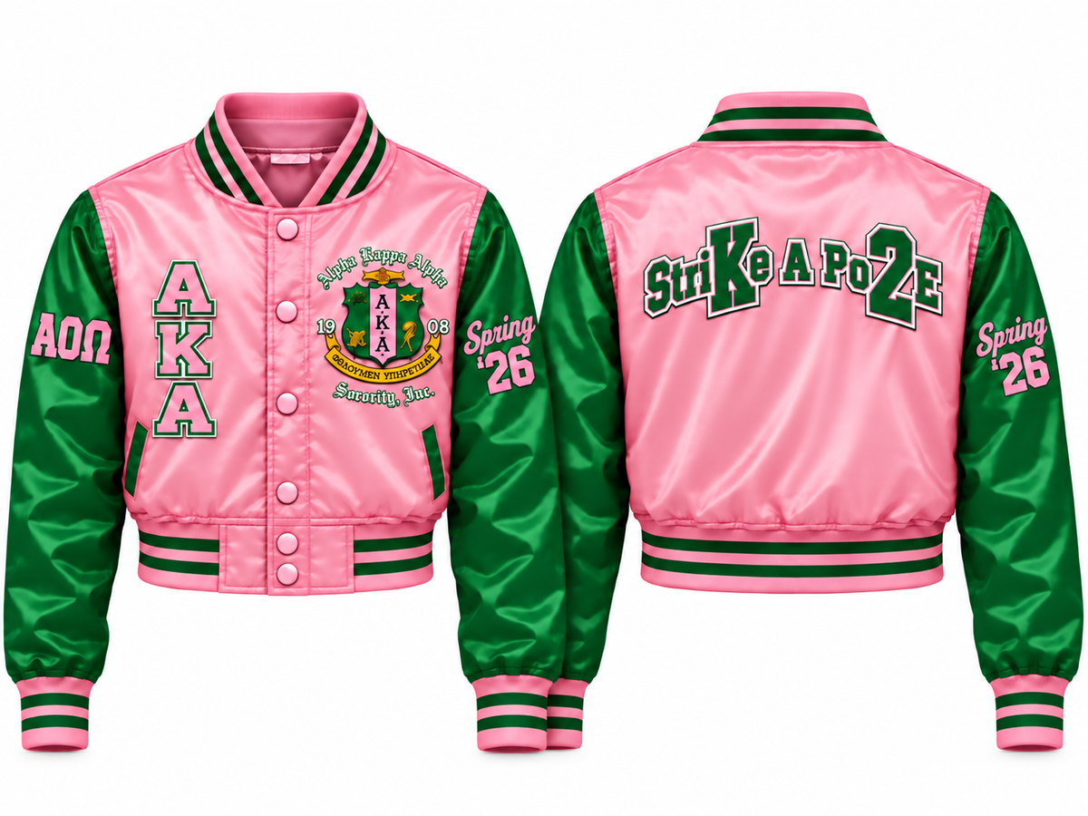 Custom pink and green Alpha Kappa Alpha varsity jacket front and back