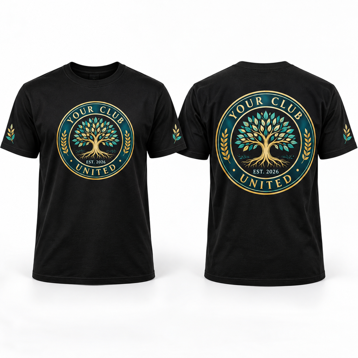 Custom Association & Social Club full-color printed black T-shirt front back and sleeve sample