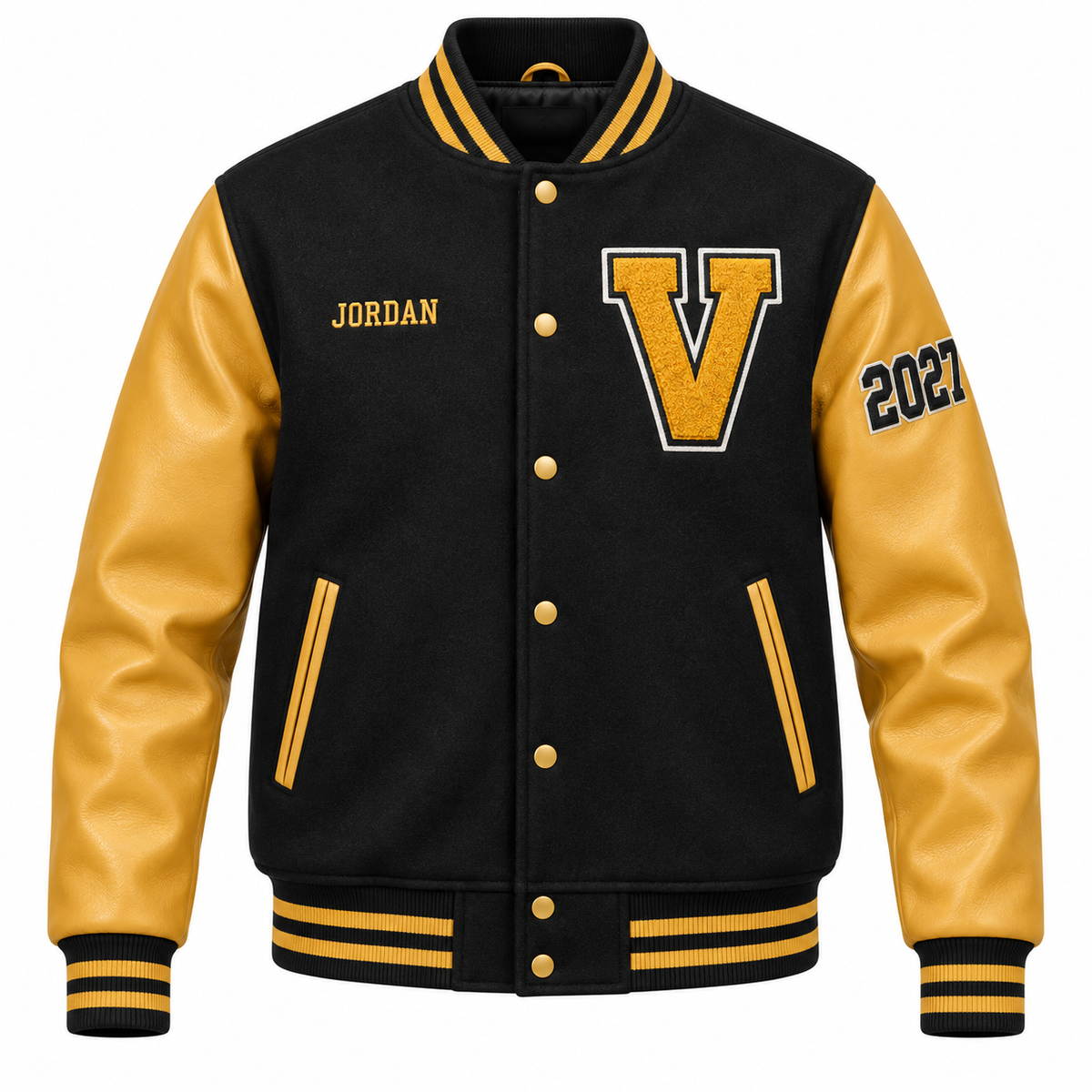 Custom black & gold high school letterman jacket with personalized patches
