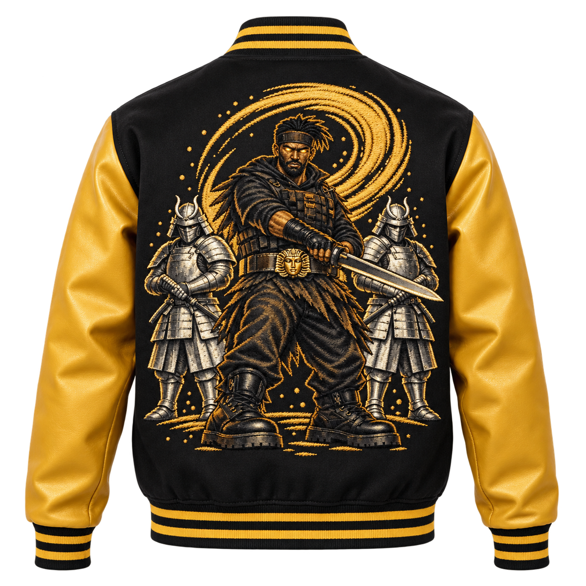 Back view of custom black and gold embroidered varsity jacket