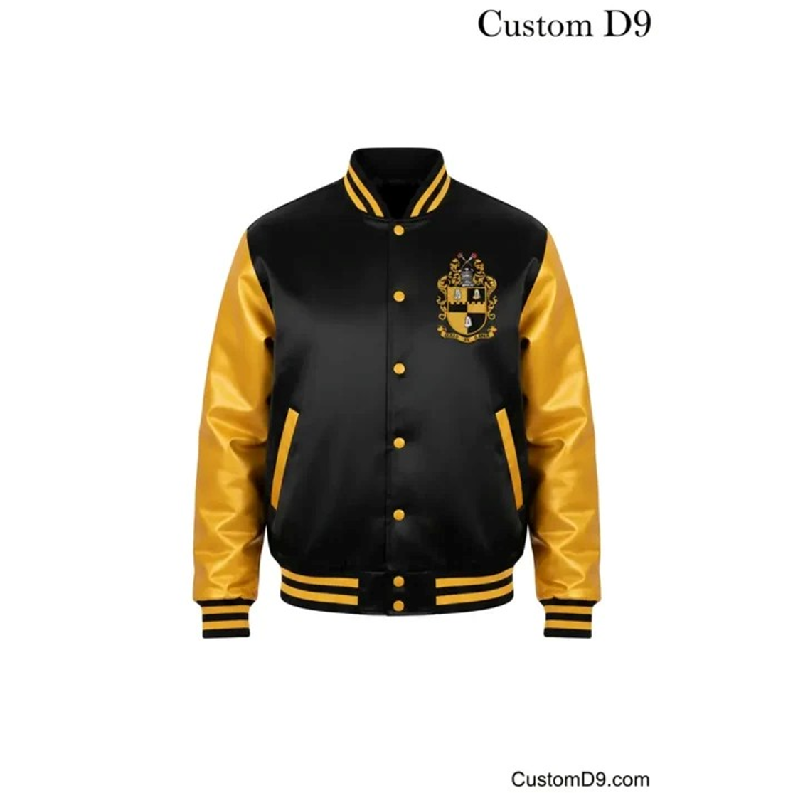 Front view of custom black and gold varsity jacket