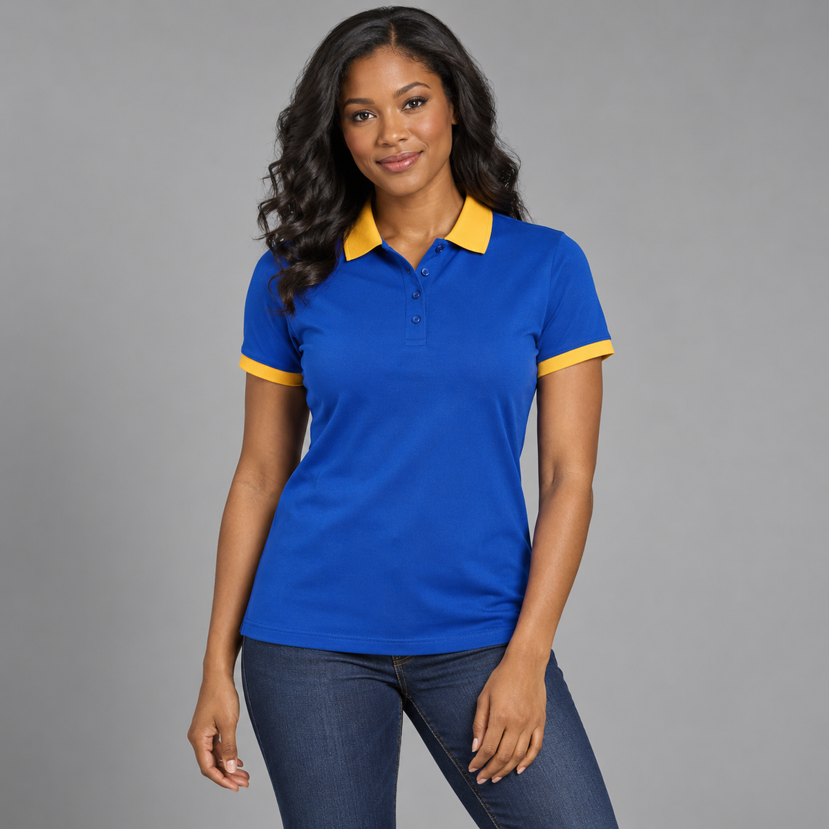 Blank royal blue polo with gold collar and sleeve trim on a model
