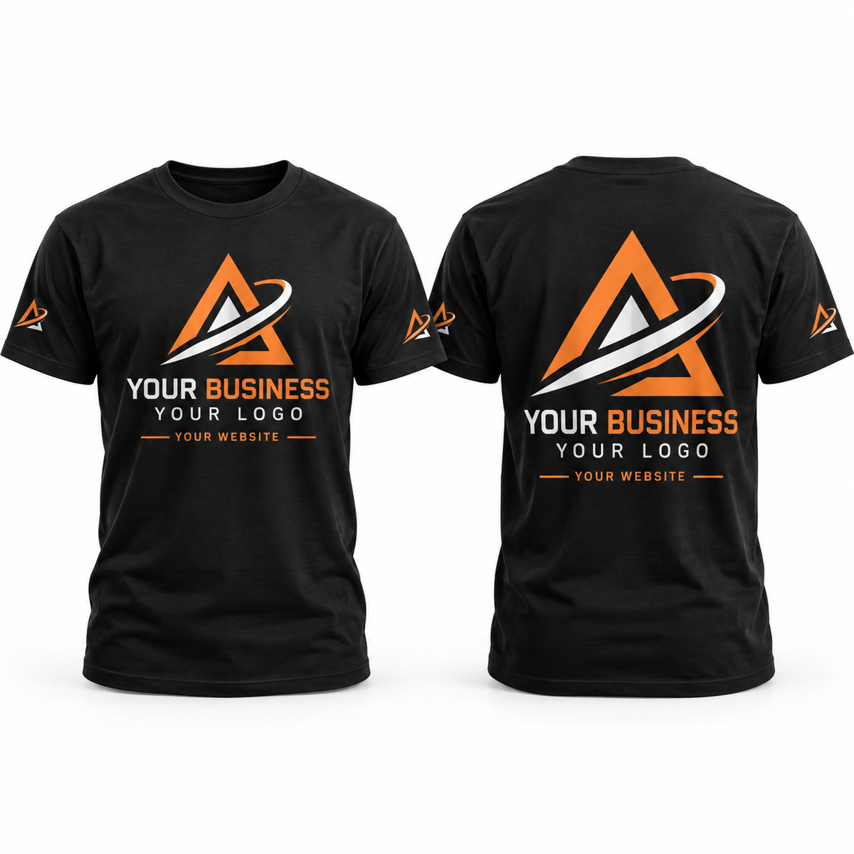 Custom Business Logo full-color printed black T-shirt front back and sleeve sample