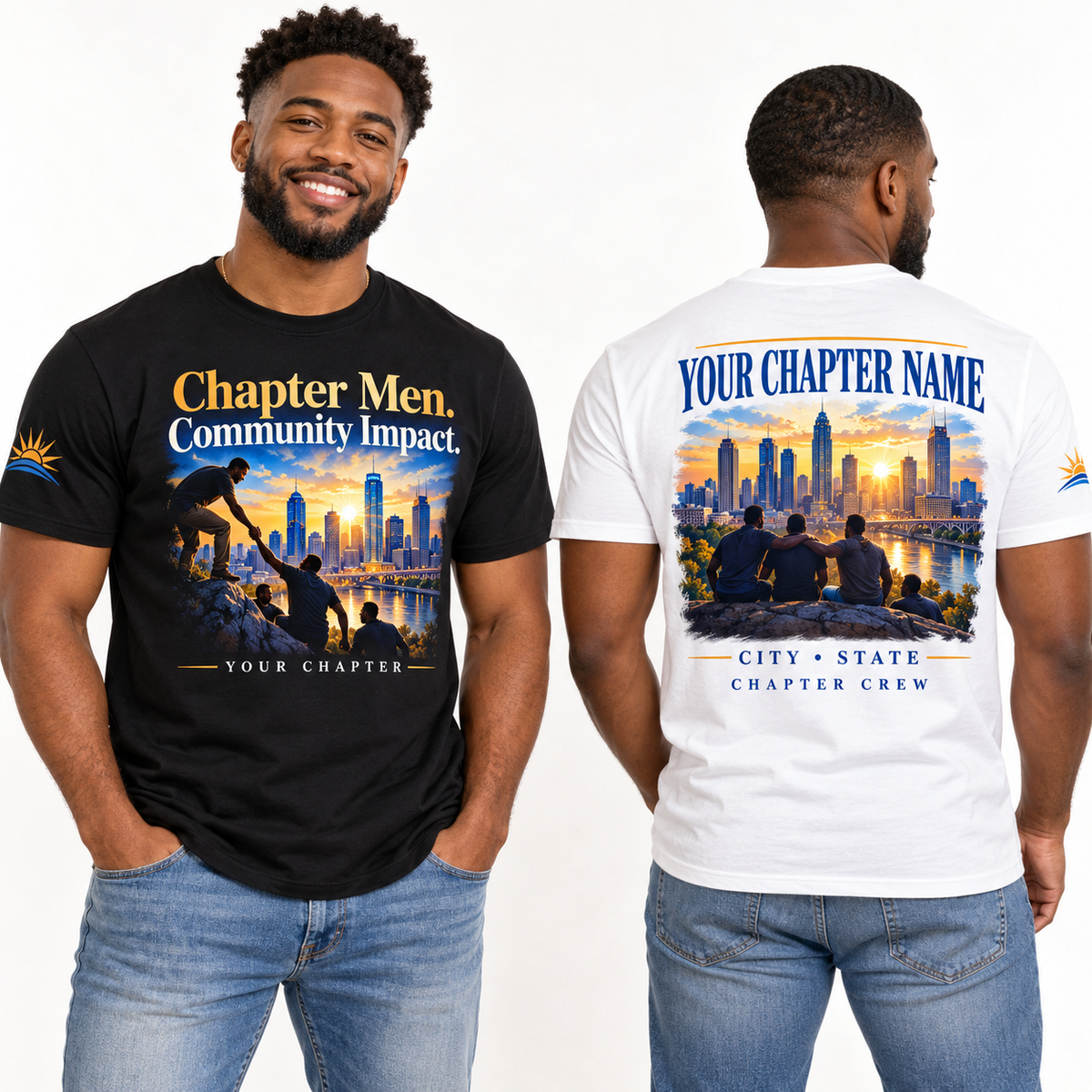 Custom Fraternity Chapter Men. Community Impact. chapter group shirt on models