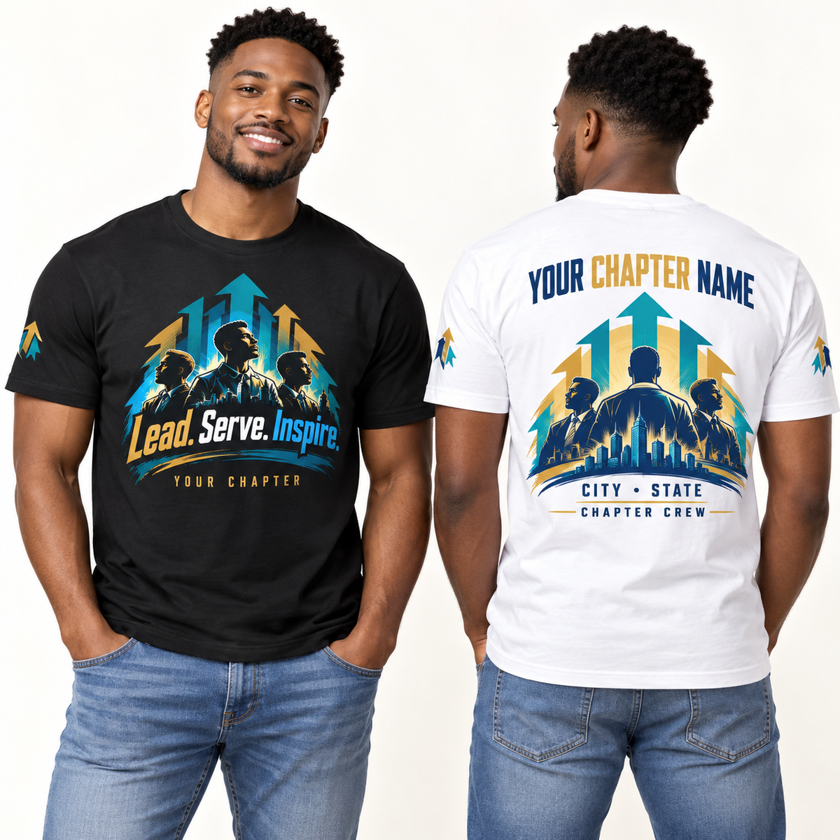 Custom Fraternity Lead. Serve. Inspire. chapter group shirt on models