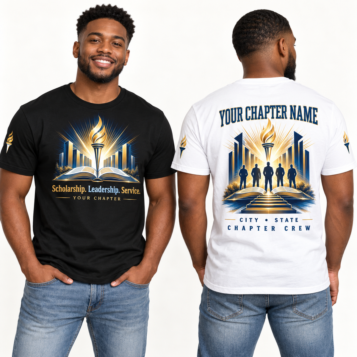 Custom Fraternity Scholarship. Leadership. Service. chapter group shirt on models
