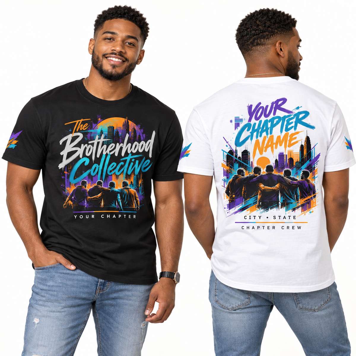 Custom Fraternity The Brotherhood Collective chapter group shirt on models