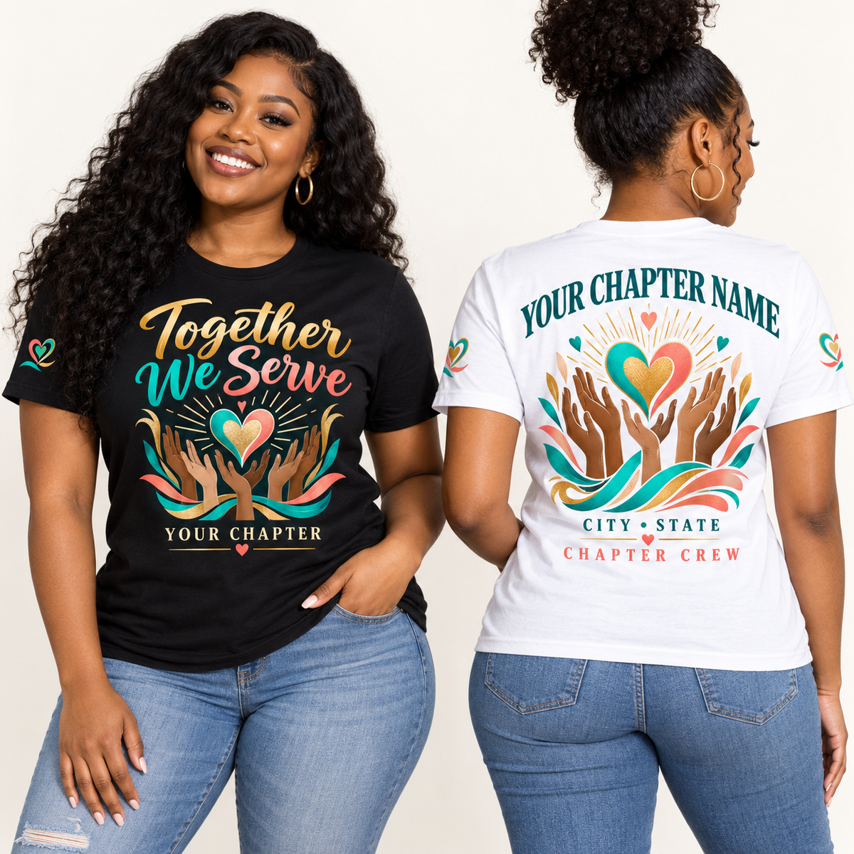 Custom Sorority Together We Serve chapter group shirt on models