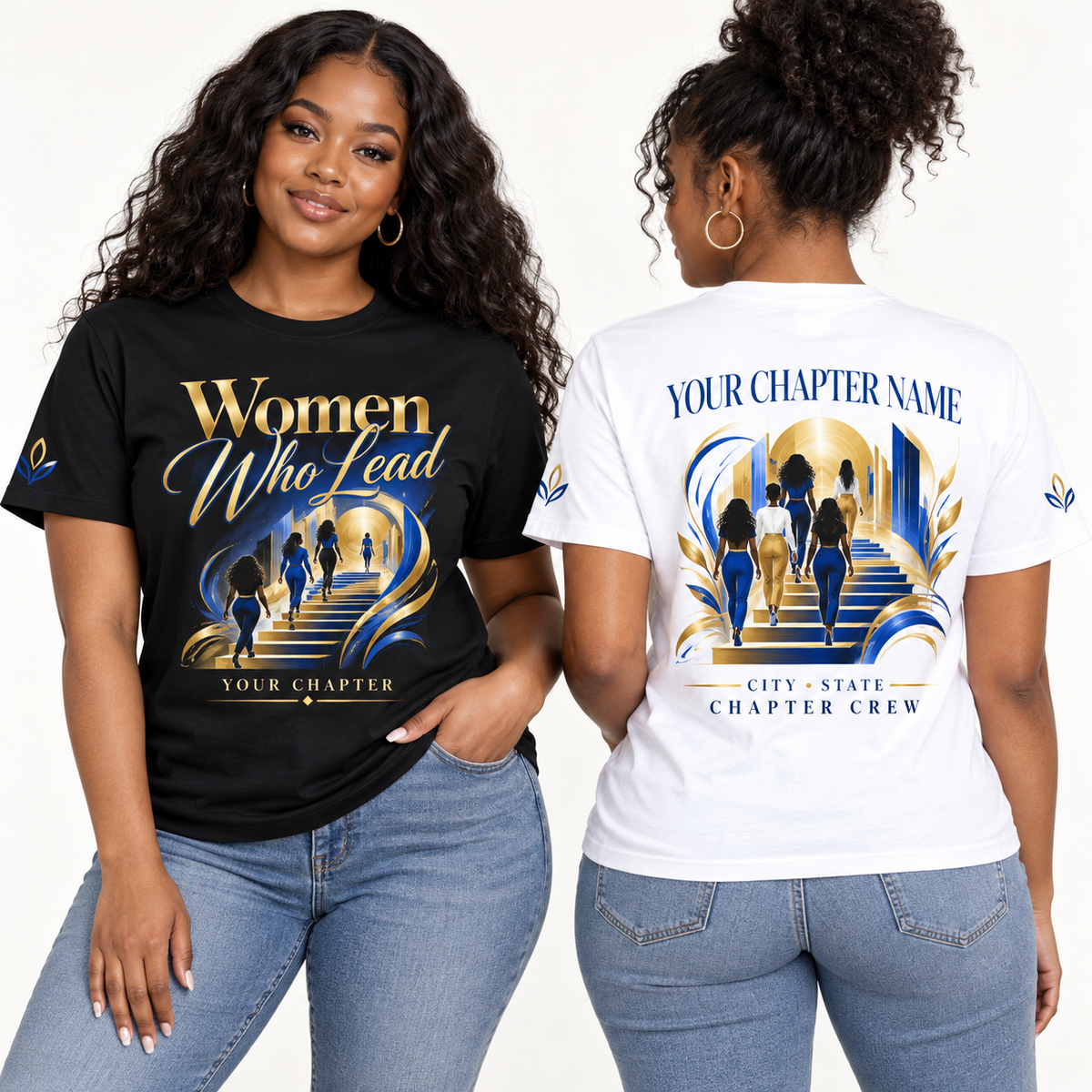 Custom Sorority Women Who Lead chapter group shirt on models
