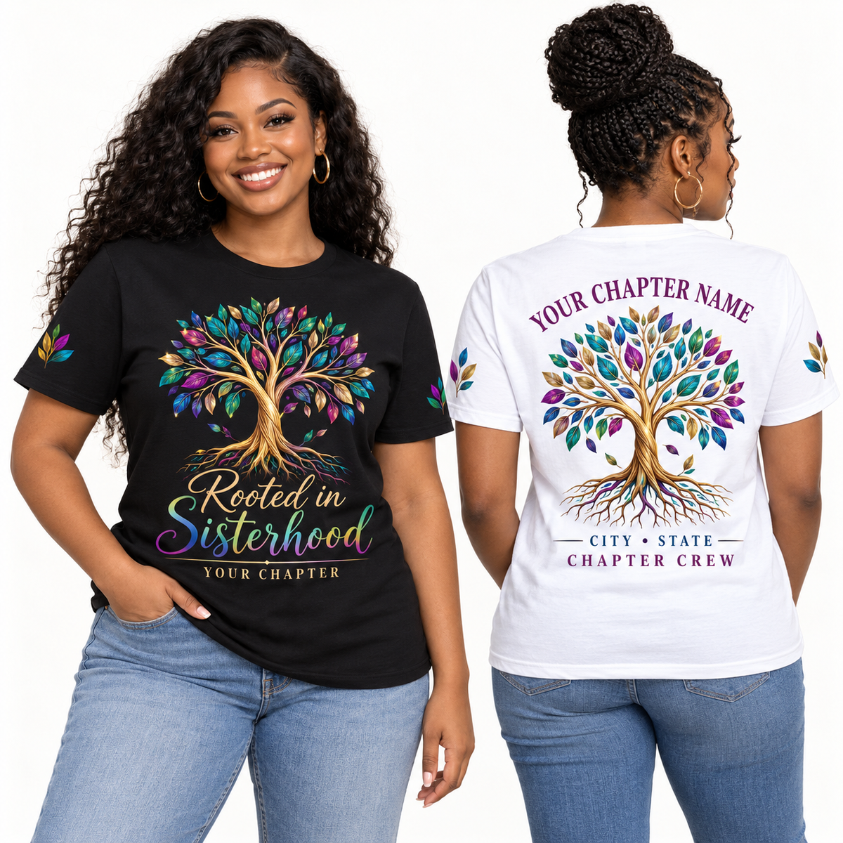 Custom Sorority Rooted in Sisterhood chapter group shirt on models