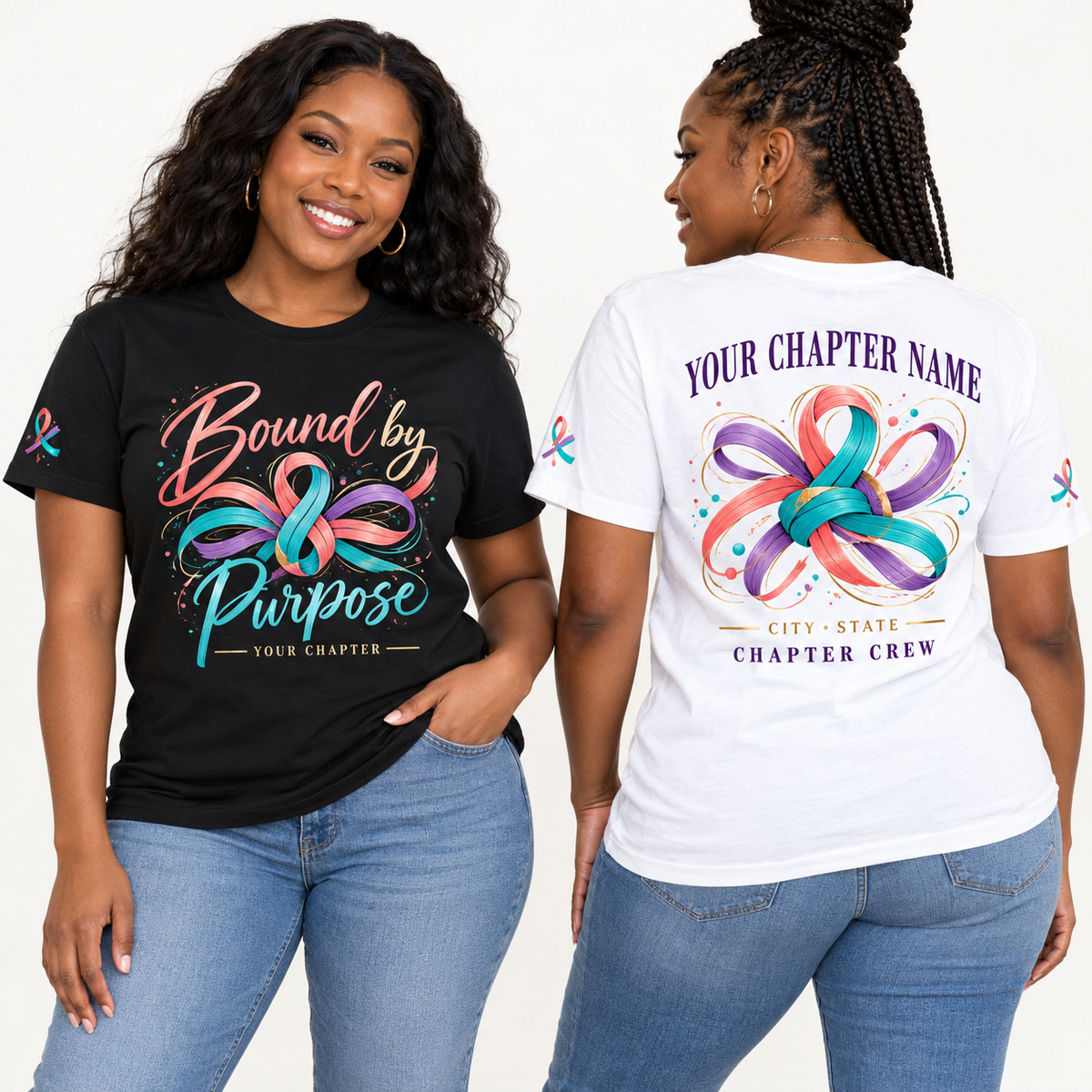 Custom Sorority Bound by Purpose chapter group shirt on models