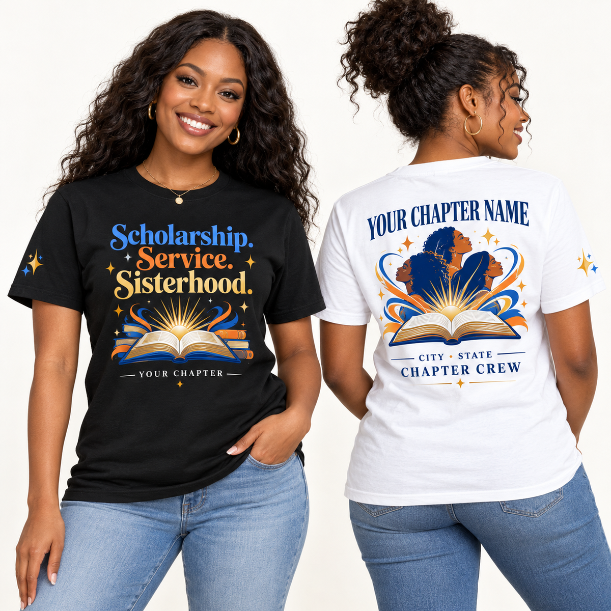 Custom Sorority Scholarship. Service. Sisterhood. chapter group shirt on models