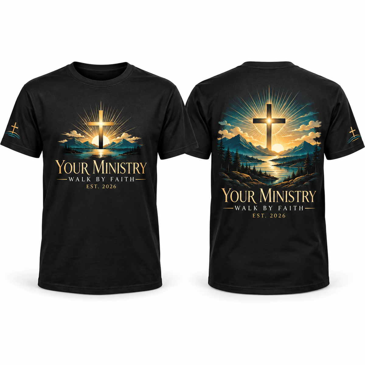 Custom Church & Ministry full-color printed black T-shirt front back and sleeve sample