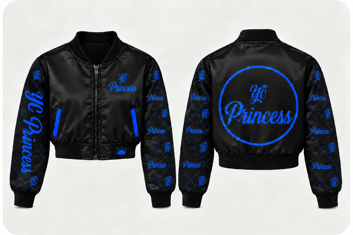 Custom embroidered black satin crop jacket with royal blue embroidery front and back