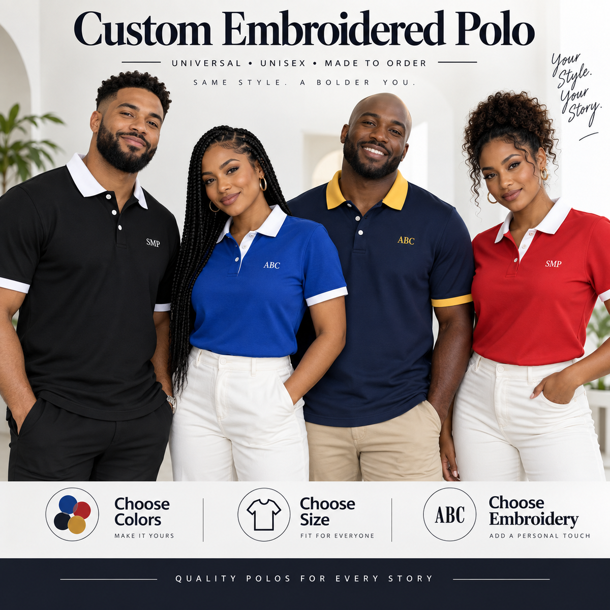 Custom embroidered polo shirts on models with personalized color and embroidery options
