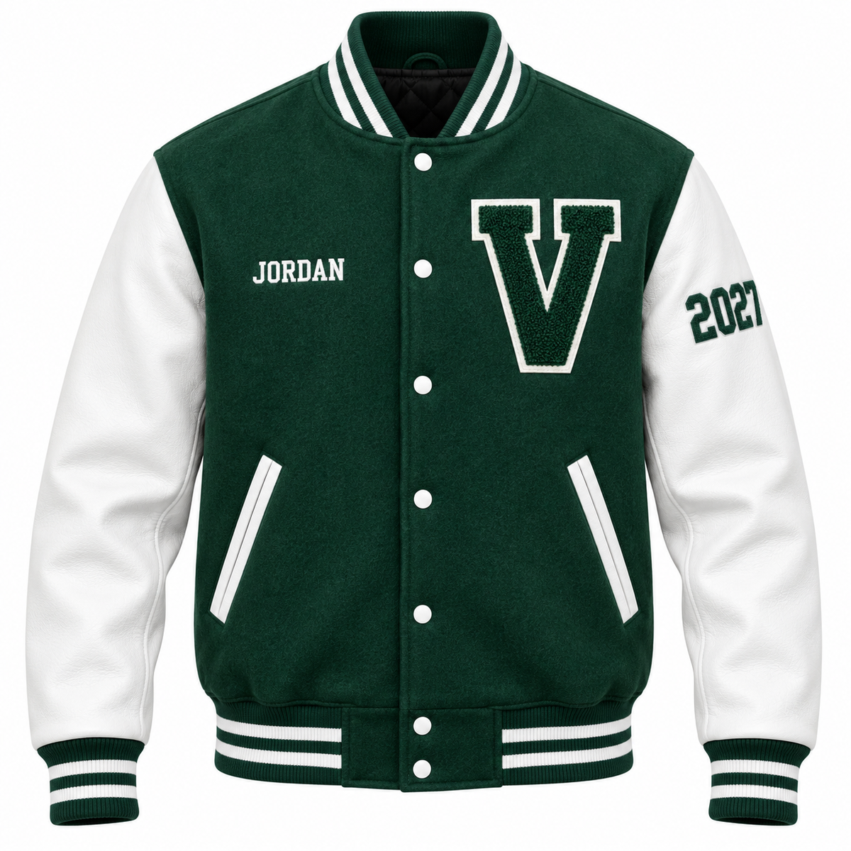 Custom forest green & white high school letterman jacket with personalized patches