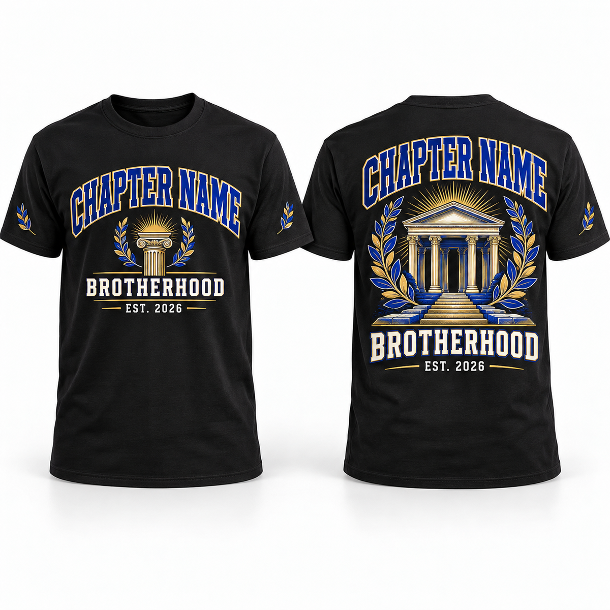 Custom Fraternity Chapter full-color printed black T-shirt front back and sleeve sample