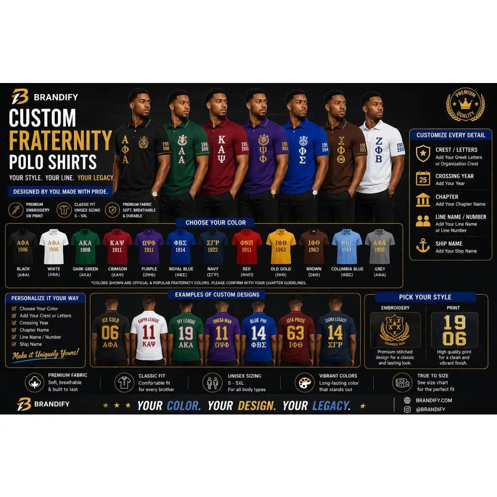 Custom Fraternity Polo Shirt Bulk Discount Greek Apparel Line Name Number Chapter Crossing Year Custom Embroidered Polo Shirt for chapters