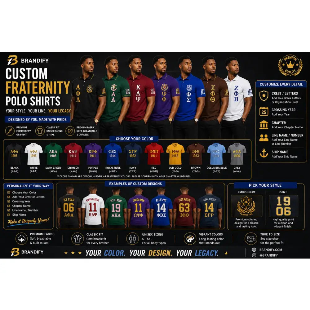 Custom Custom Custom Fraternity Polo Shirt Bulk Discount Greek Apparel Line Name Number Chapter Crossing Year Custom Embroidered Polo Shirt for chapters | Custom D9 personalized Greek apparel design