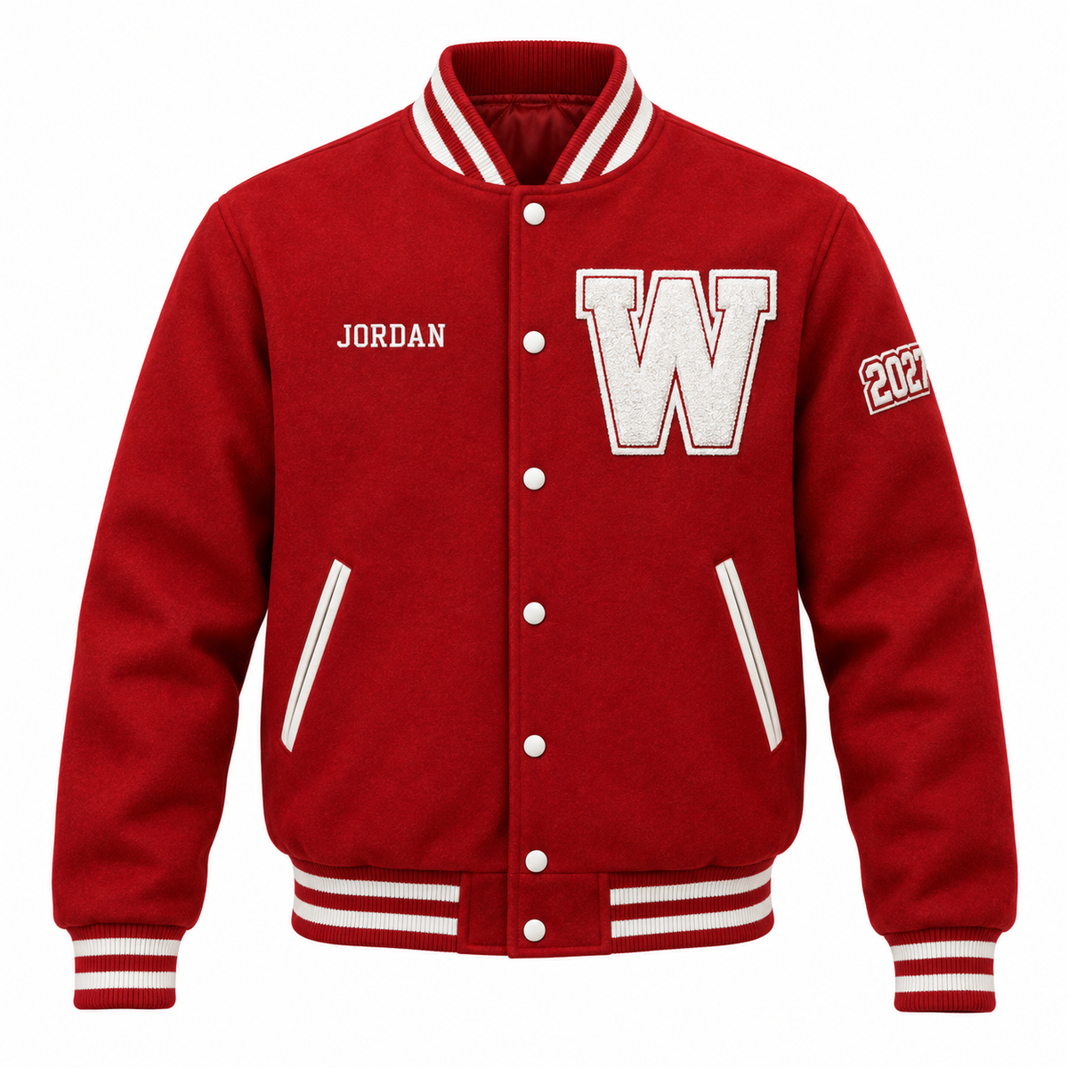 Red and white full-wool custom high school letterman jacket