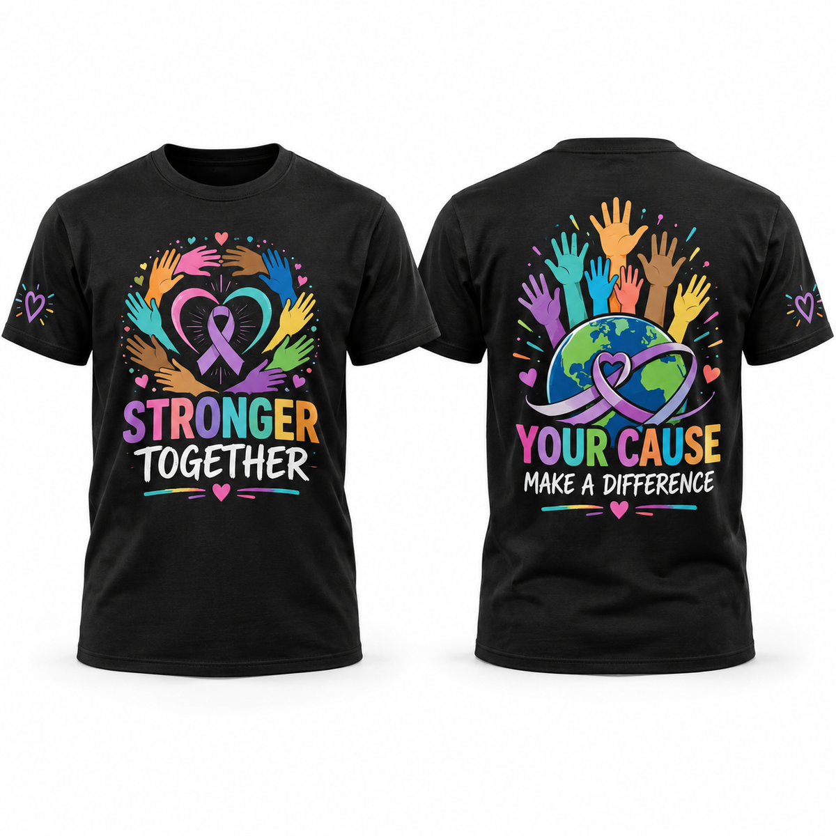 Custom Fundraiser & Awareness full-color printed black T-shirt front back and sleeve sample