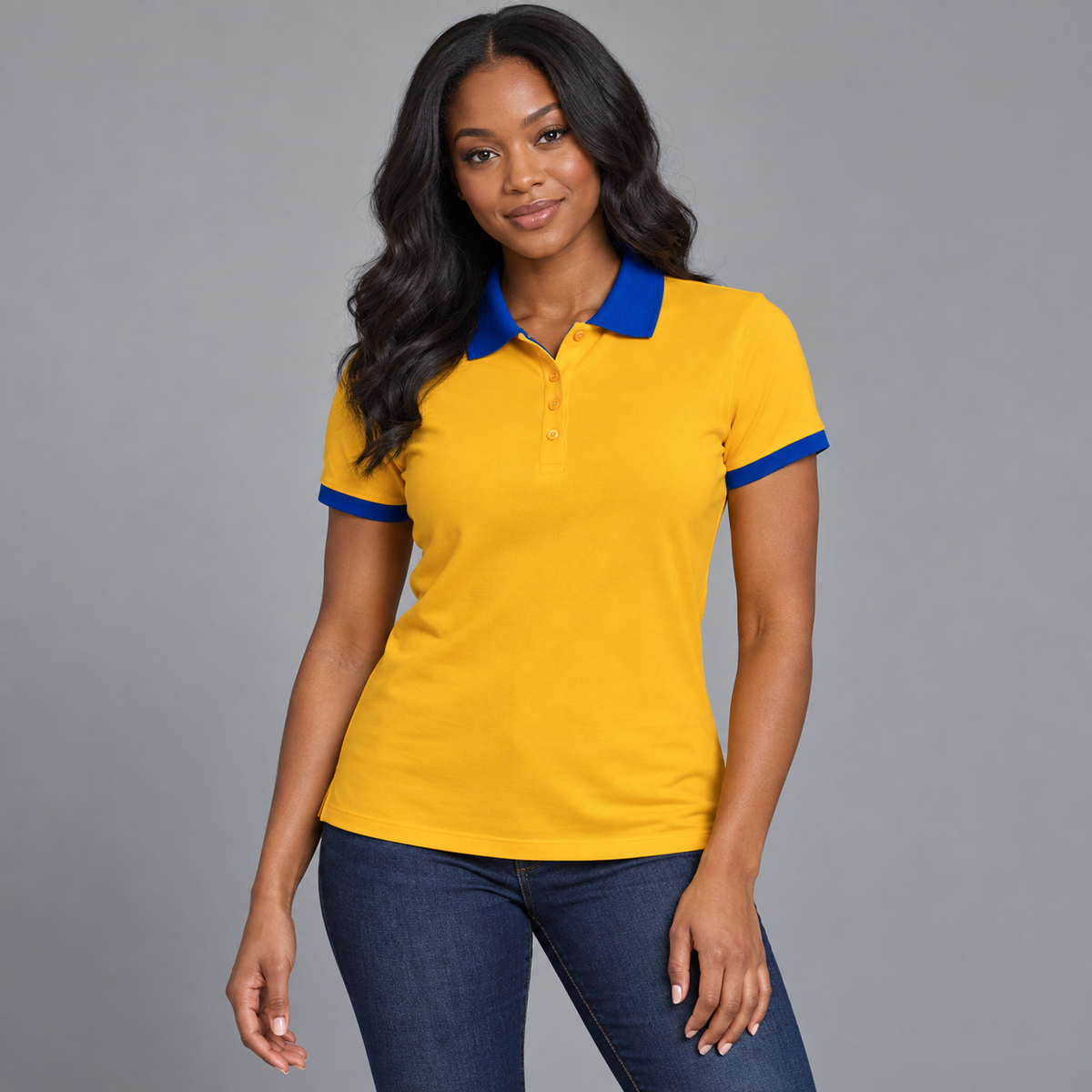 Blank gold polo with royal blue collar and sleeve trim on a model