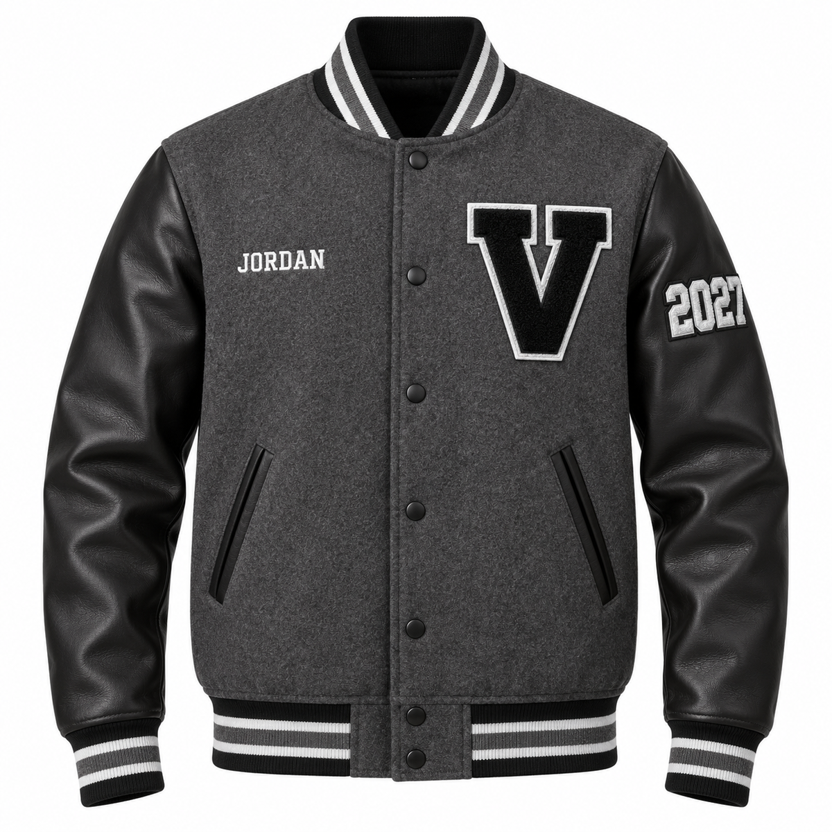 Custom gray & black high school letterman jacket with personalized patches