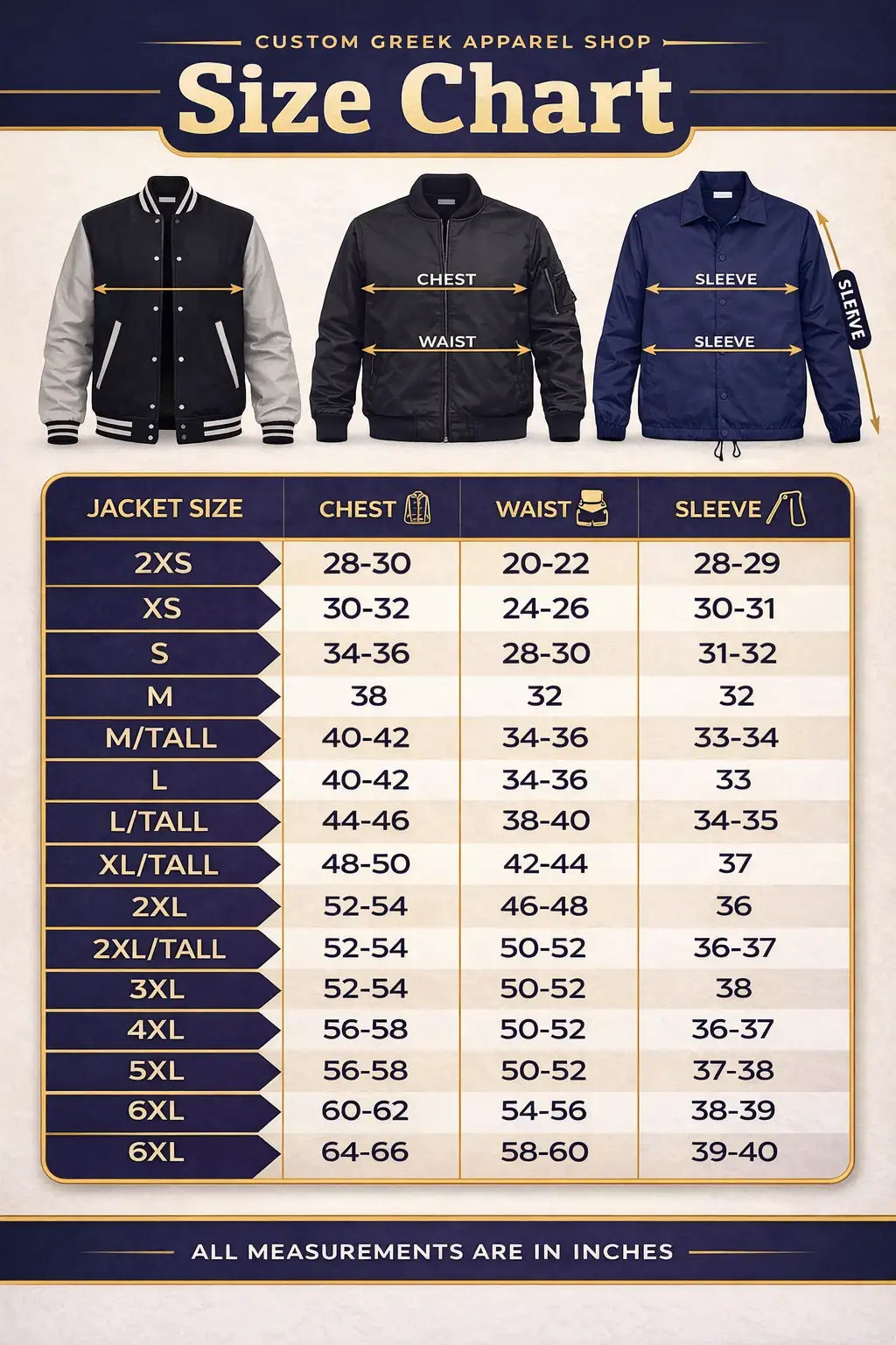 Custom greek apparel shop size chart displaying three jackets: a black and white varsity jacket, a solid black bomber-style jacket, and a navy blue zip-up jacket with matching drawstring.