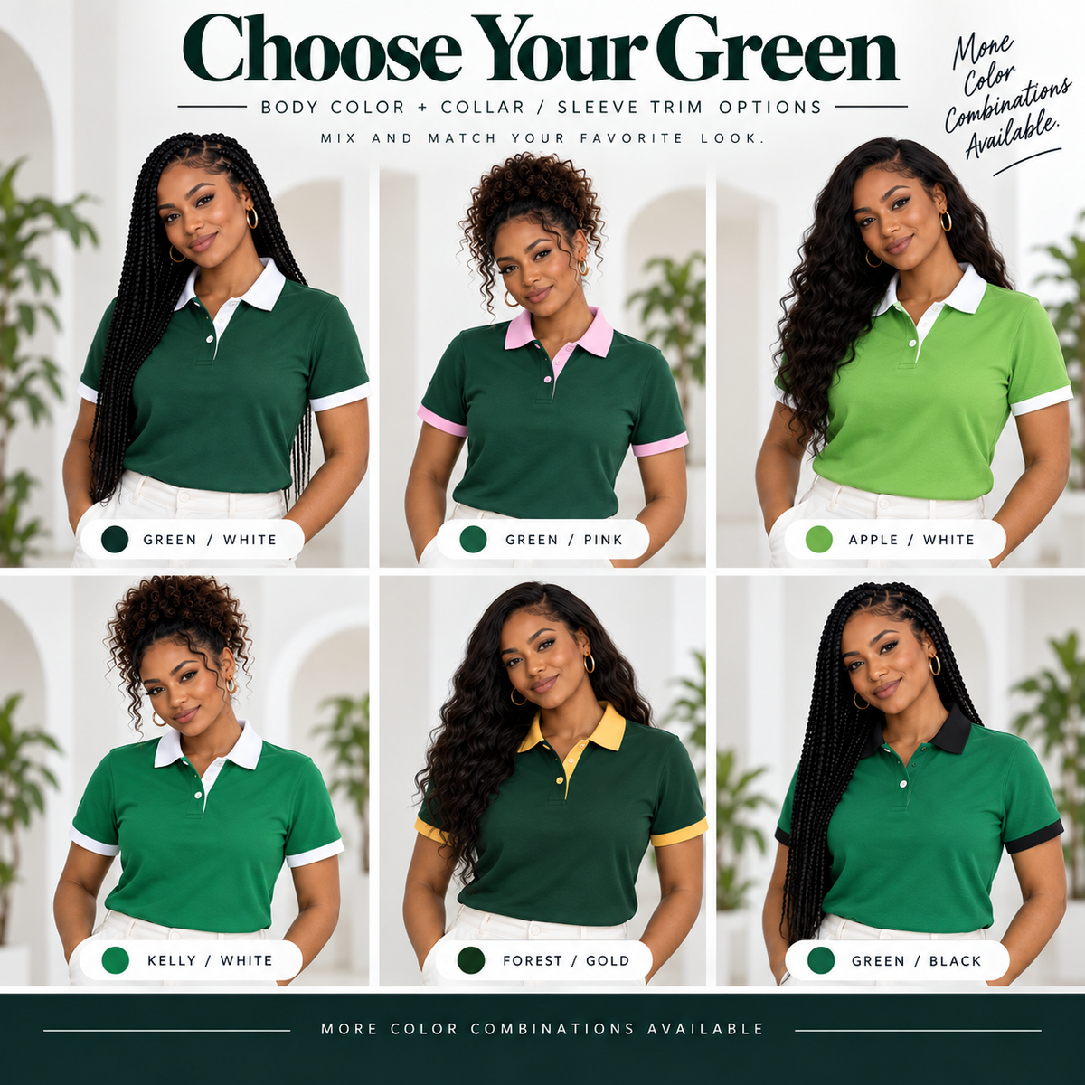 Green polo body color and collar sleeve trim options