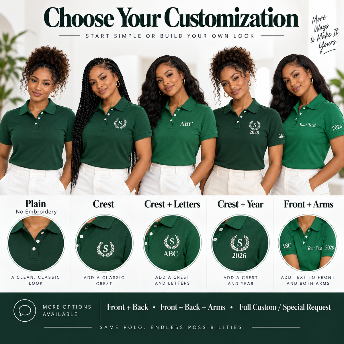 Green polo embroidery customization options