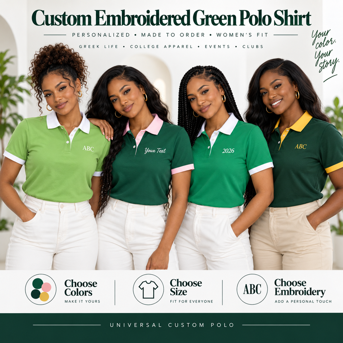 Custom embroidered green polo shirt on female models