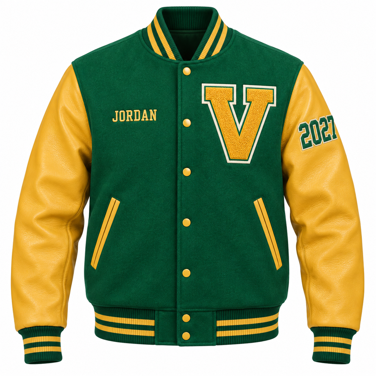 Custom kelly green & gold high school letterman jacket with personalized patches