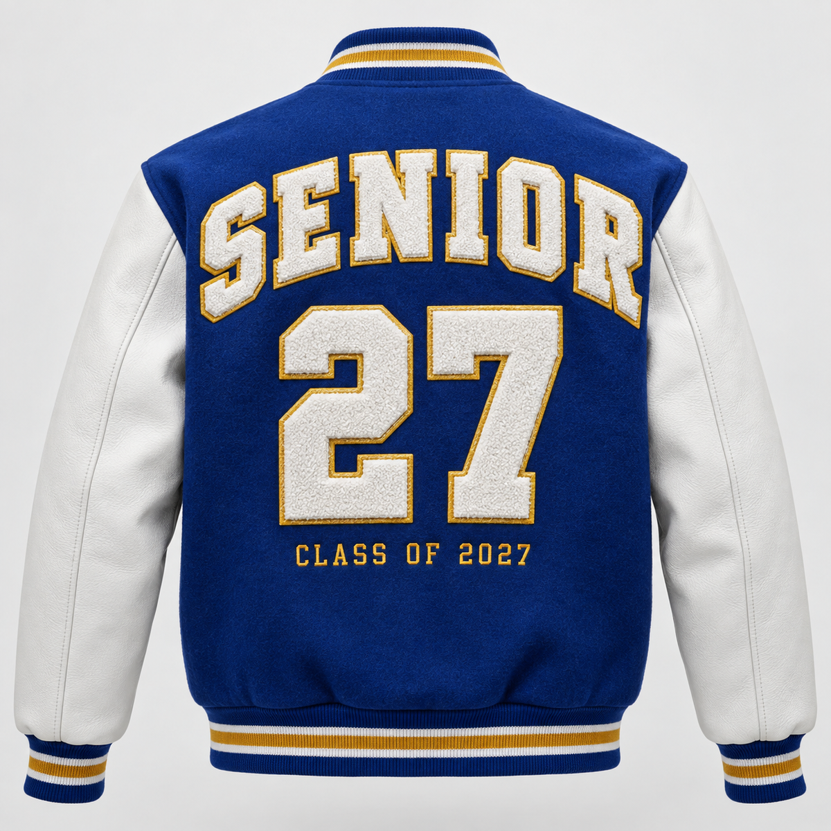 Custom letterman jacket back with senior 27 and class of 2027 patches