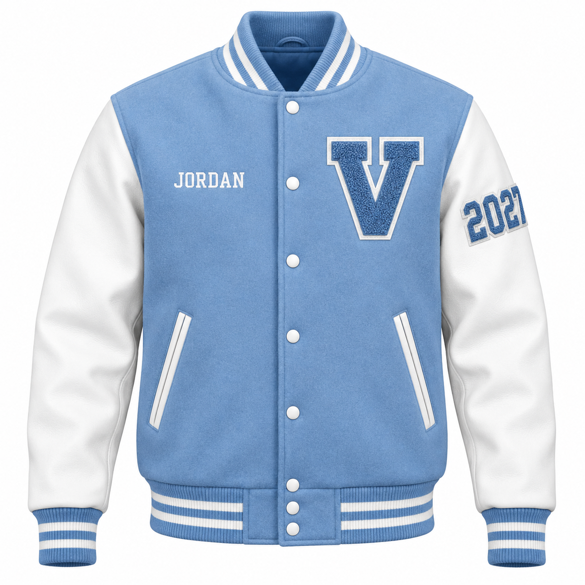 Custom light blue & white high school letterman jacket with personalized patches