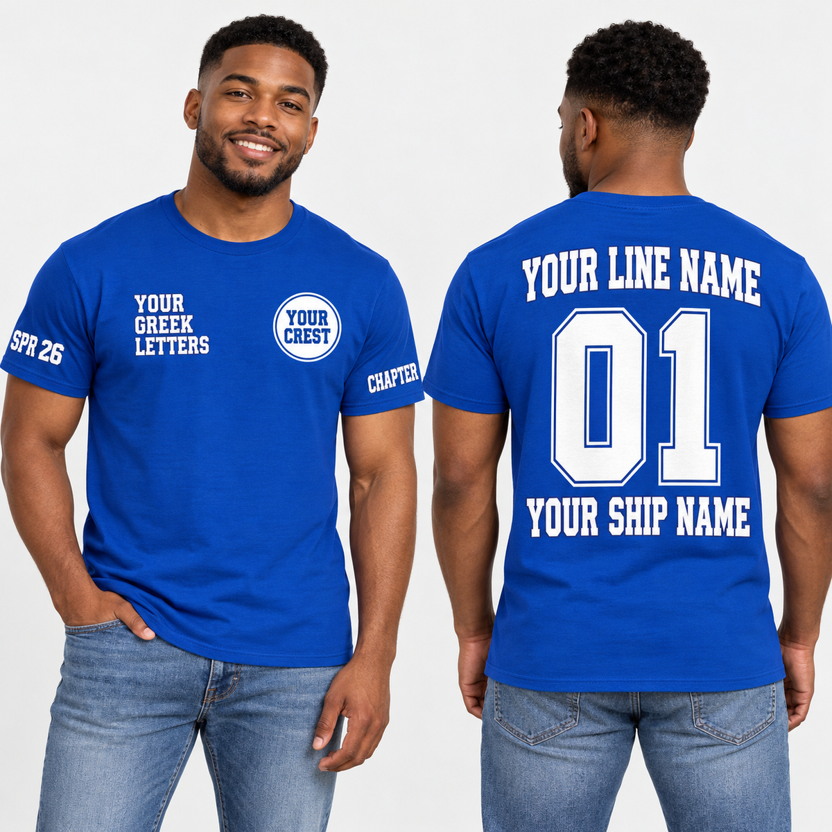 Custom Fraternity Varsity Block Royal Blue line name number ship name crossing shirt