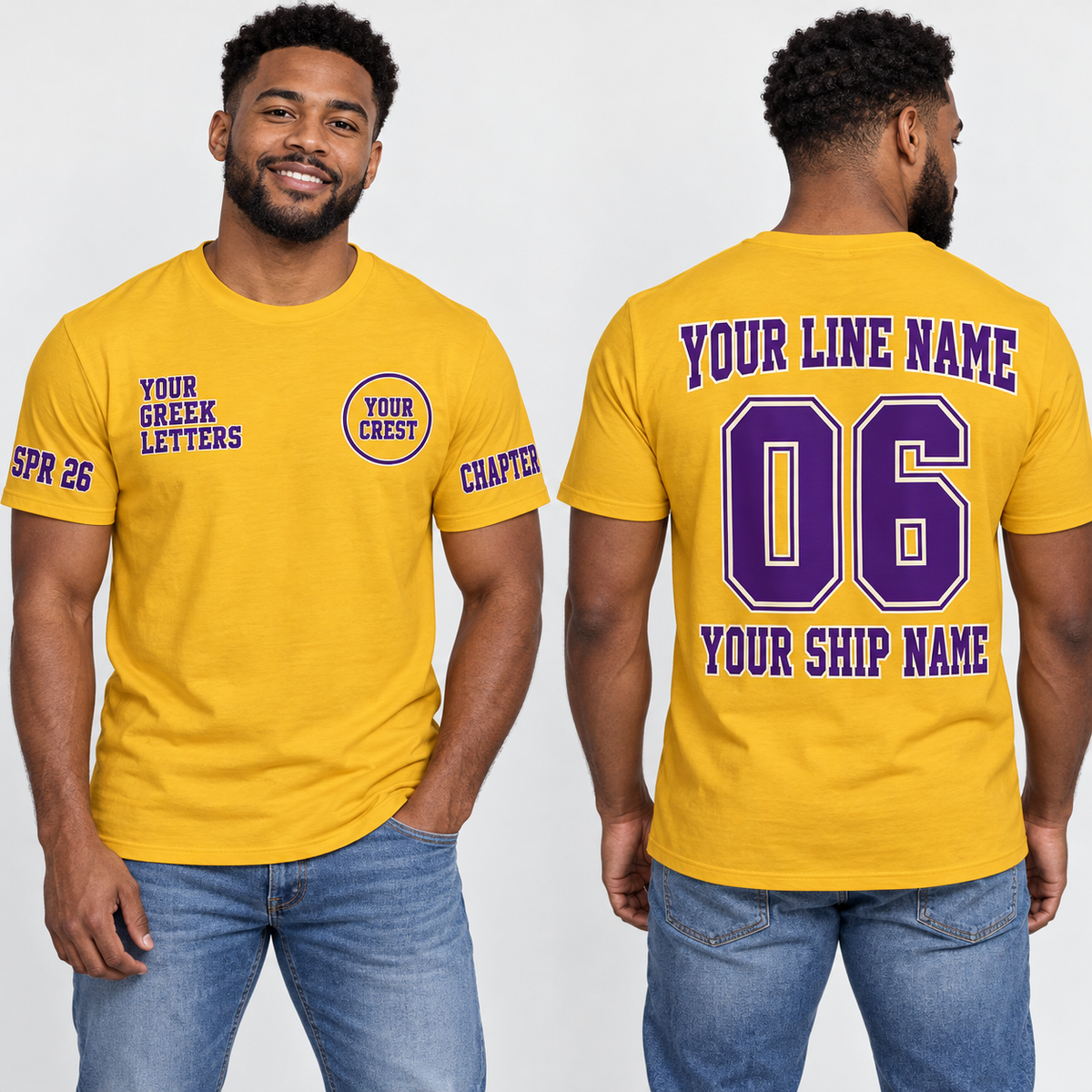 Custom Fraternity Outlined Varsity Gold line name number ship name crossing shirt