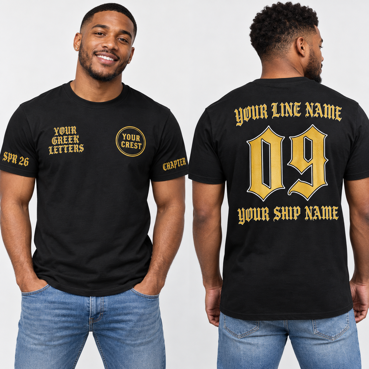 Custom Fraternity Old English Black line name number ship name crossing shirt