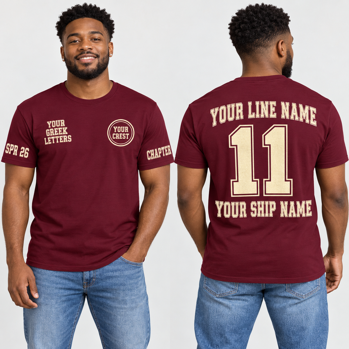 Custom Fraternity Vintage College Burgundy line name number ship name crossing shirt