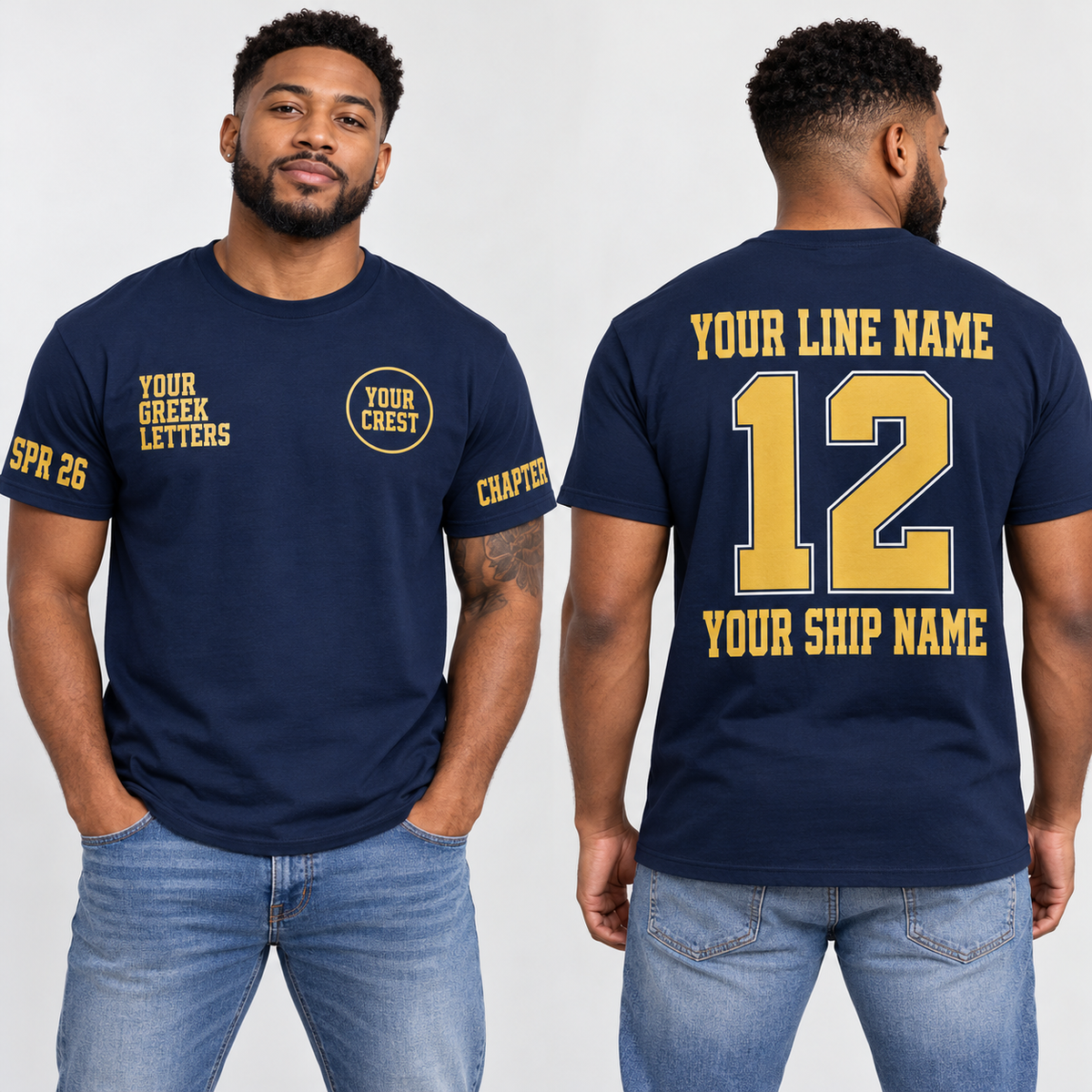 Custom Fraternity Condensed Block Navy line name number ship name crossing shirt