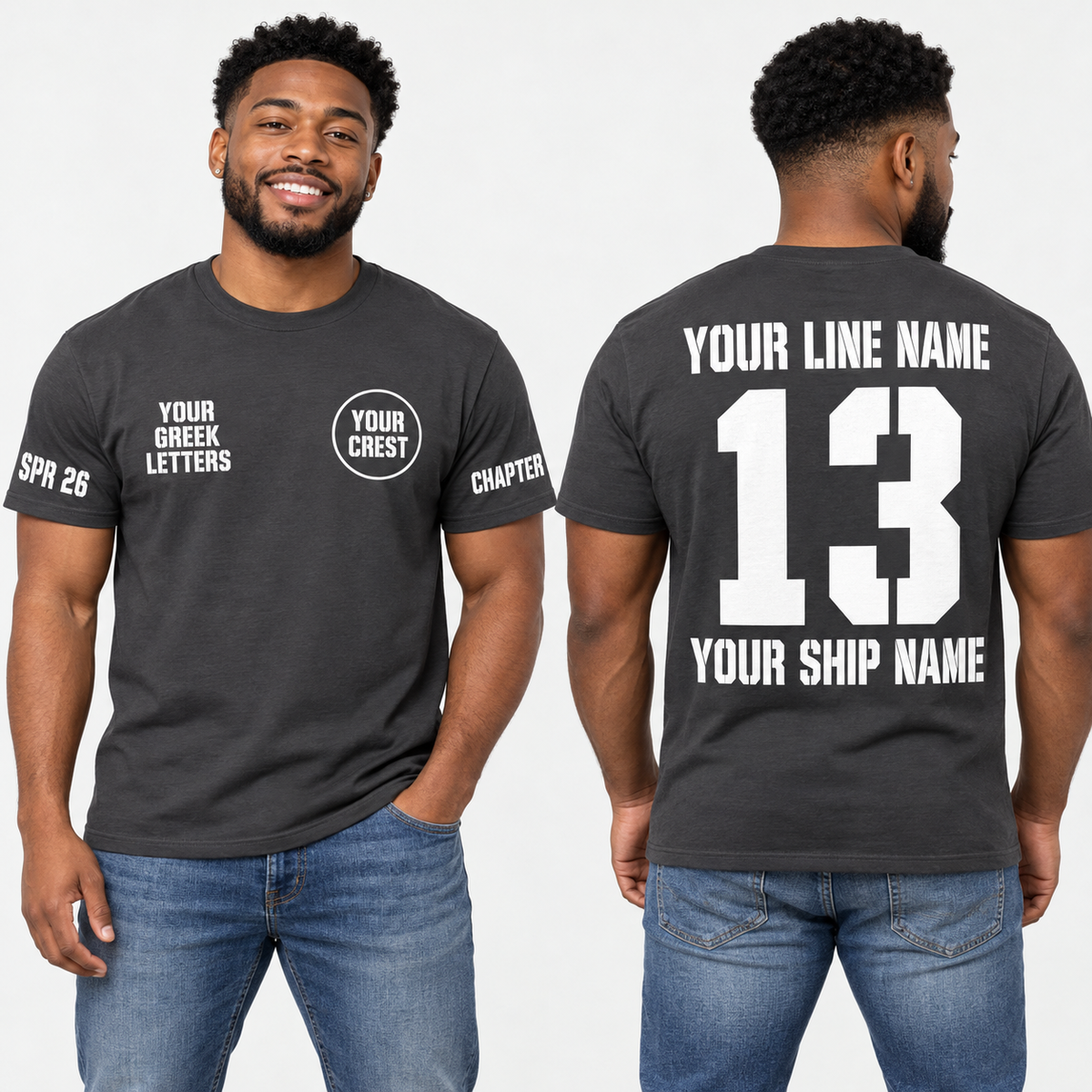 Custom Fraternity Stencil Block Charcoal line name number ship name crossing shirt