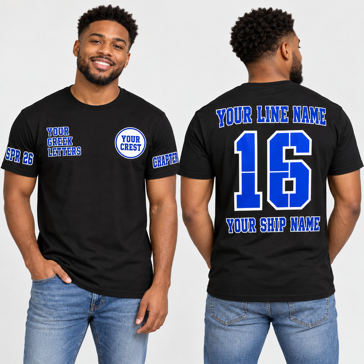 Custom Fraternity Split Varsity Black line name number ship name crossing shirt
