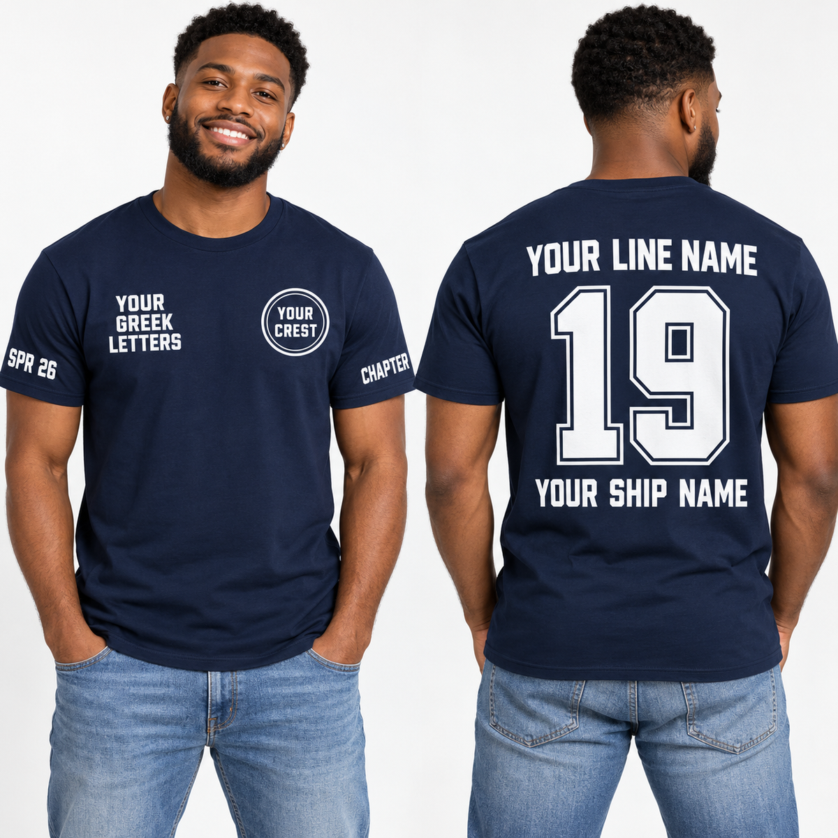 Custom Fraternity Modern Geometric Navy line name number ship name crossing shirt