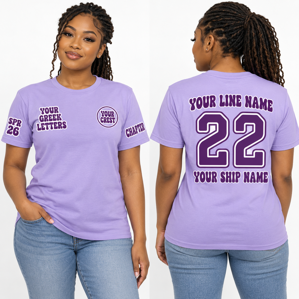 Custom Sorority Rounded Retro + Inline Numerals Lavender line name number ship name crossing shirt