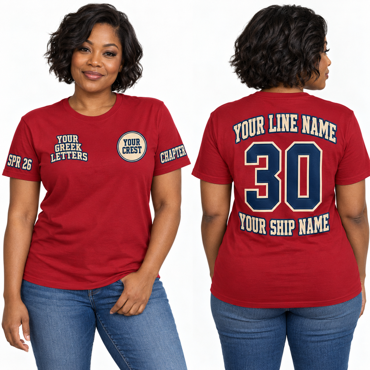 Custom Sorority Collegiate Arch + Ribbon Script Cardinal Red line name number ship name crossing shirt
