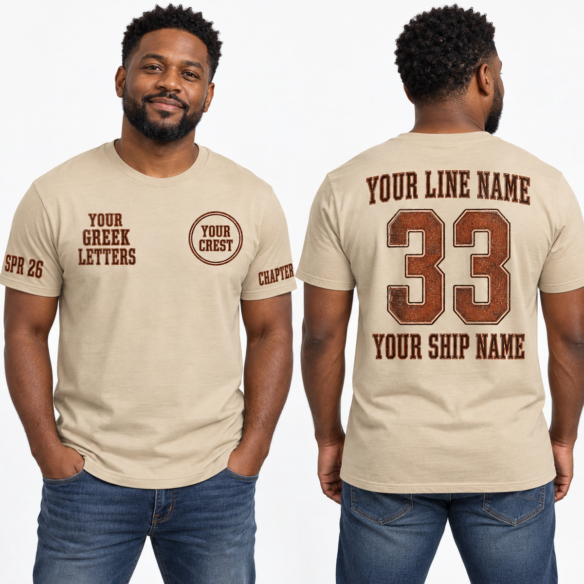 Custom Fraternity Engraved Western Serif Sand line name number ship name crossing shirt