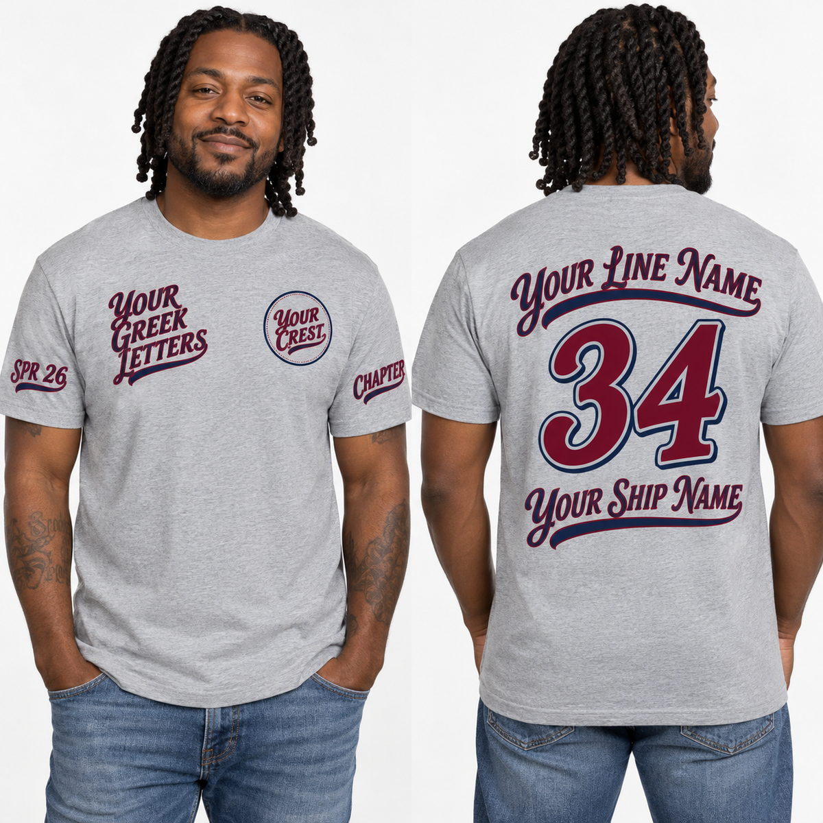 Custom Fraternity Retro Baseball Script Sport Grey line name number ship name crossing shirt