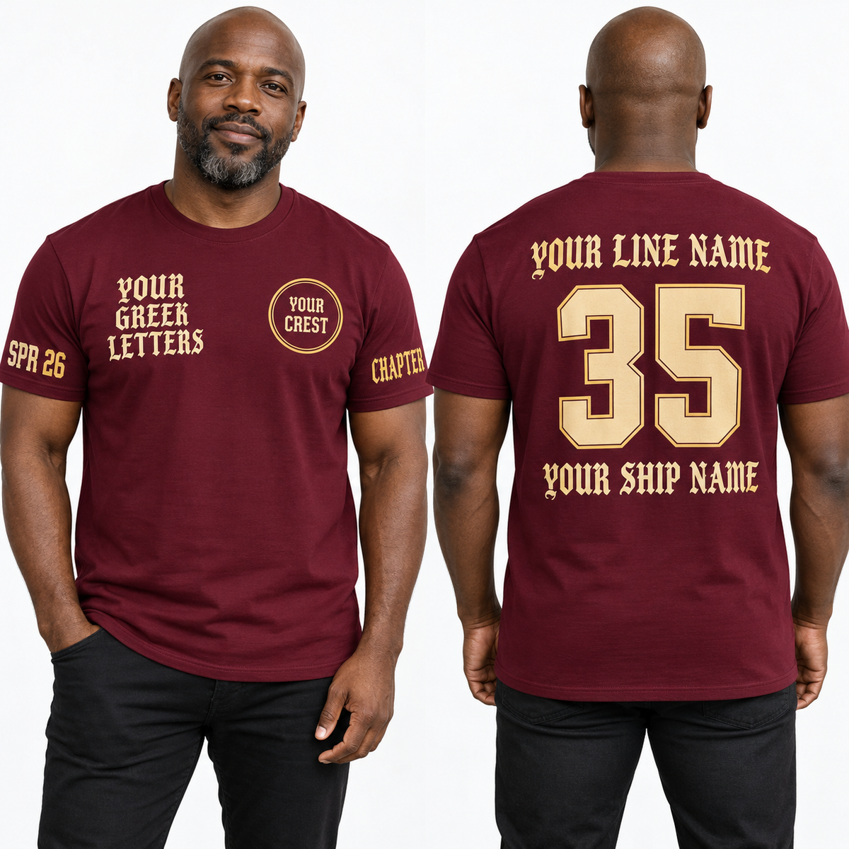 Custom Fraternity Blackletter + Athletic Numerals Maroon line name number ship name crossing shirt
