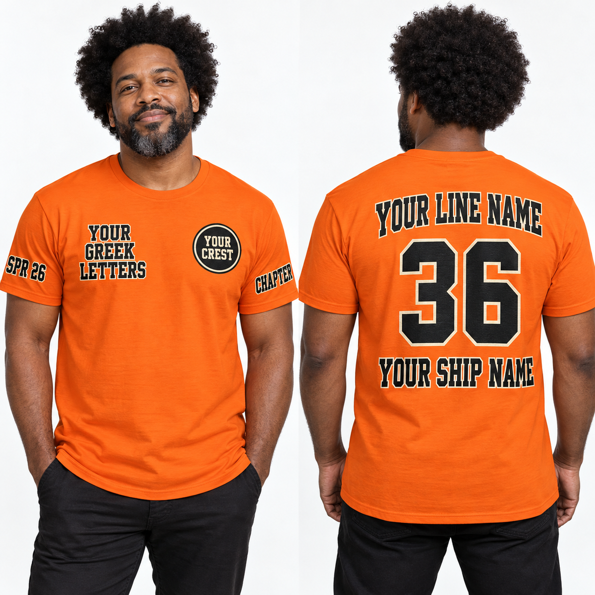 Custom Fraternity Dimensional Varsity Print Orange line name number ship name crossing shirt