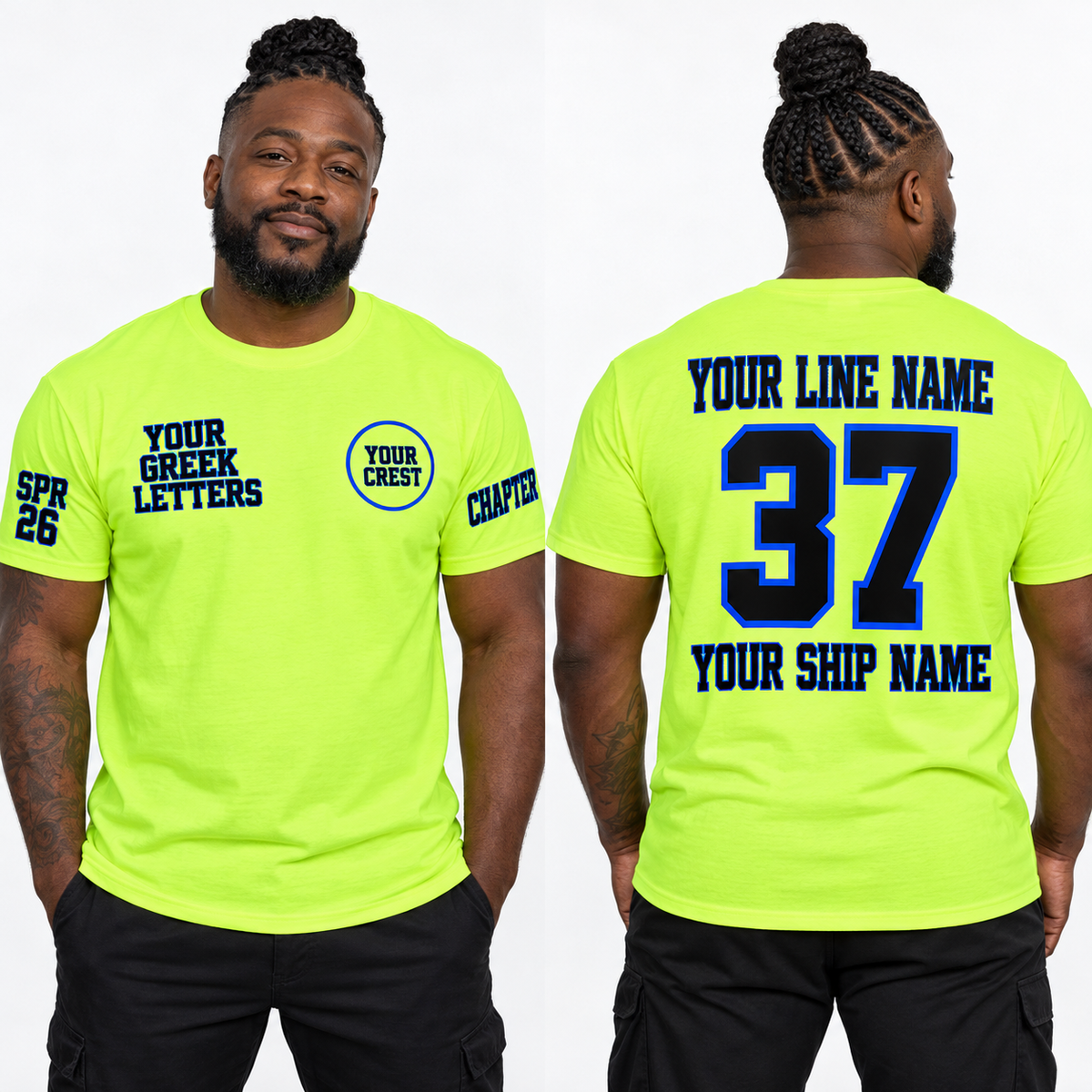 Custom Fraternity Technical Squared Lettering Safety Green line name number ship name crossing shirt