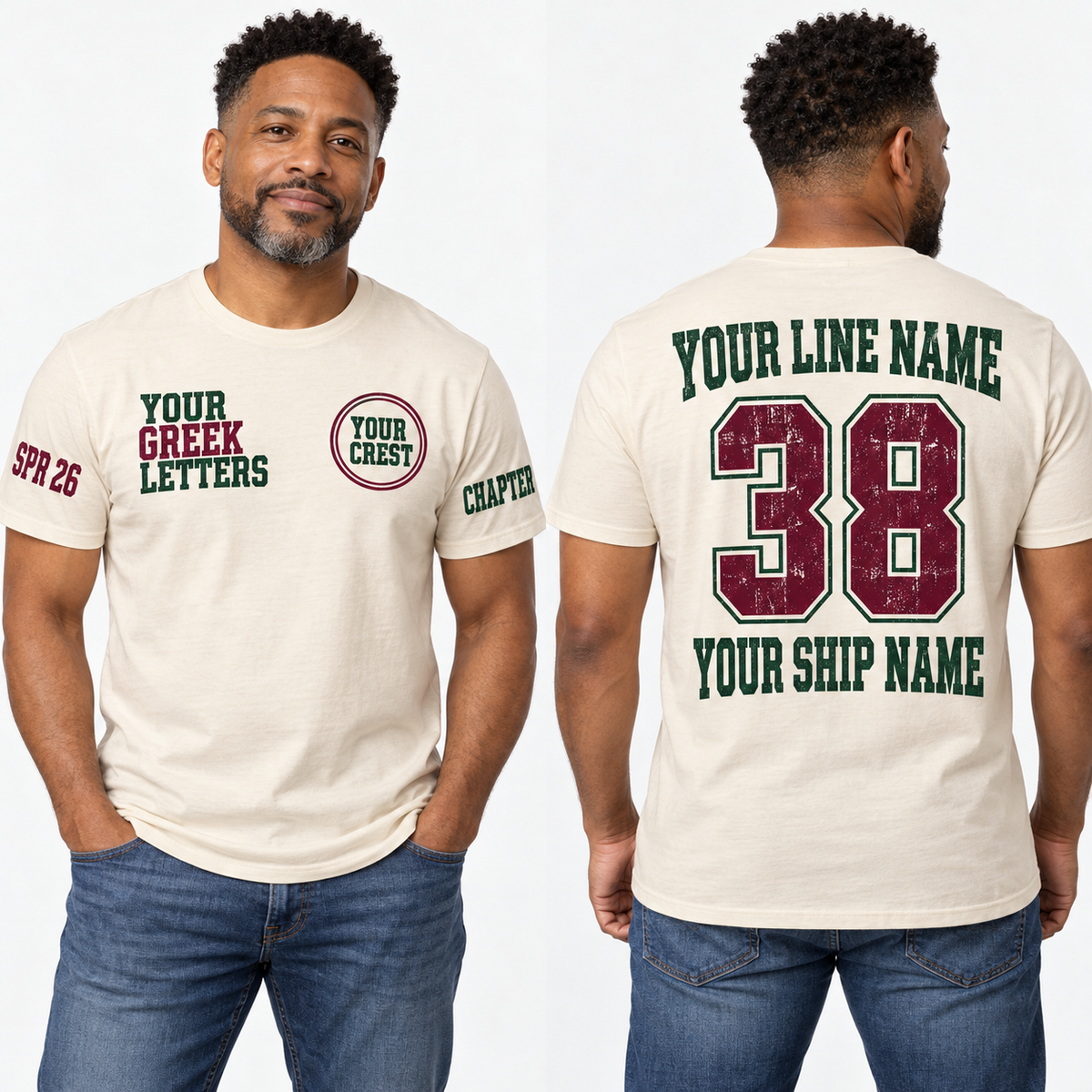 Custom Fraternity Vintage Wood Type Natural line name number ship name crossing shirt